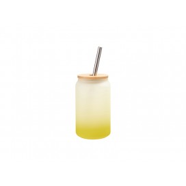13oz/400ml Glass Mugs Gradient Lemon Yellow  with Bamboo Lid & SS Straw(10/pack)